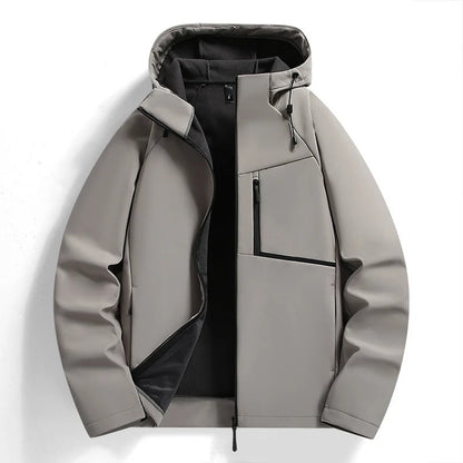 Close-up of NorthCast men's hooded jacket. Detail shows durable, weather-resistant fabric & zip.