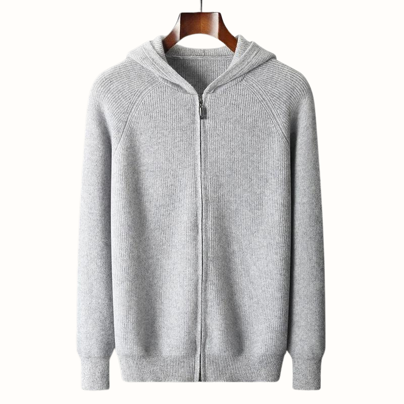 Comfortable gray men's full-zip hoodie, ideal for casual wear or as a stylish layering piece.