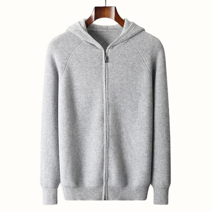 Comfortable gray men's full-zip hoodie, ideal for casual wear or as a stylish layering piece.