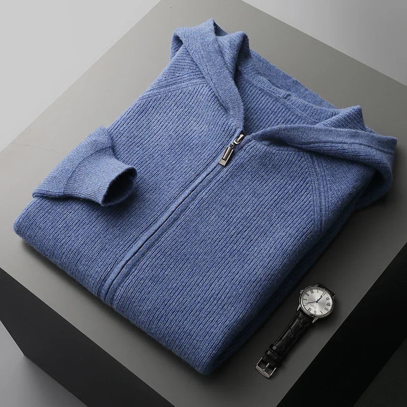 Men's blue full-zip hoodie, a stylish & comfortable layering piece for modern casual fashion.