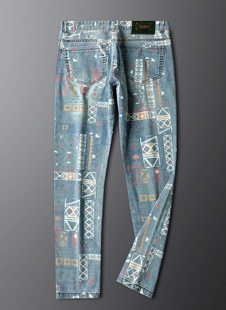 Gray & blue patterned slim fit jeans. Men's Nova denim for a bold, comfortable streetwear statement.