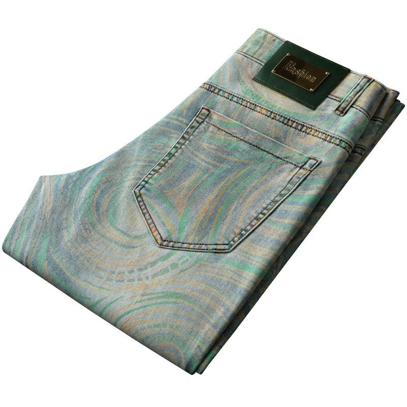 Men's Nova slim fit patterned jeans, showcasing expressive fashion in gray and blue denim.