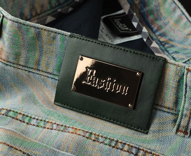 Unique design men's slim fit patterned jeans. Multi-color, comfortable, and modern casual wear.