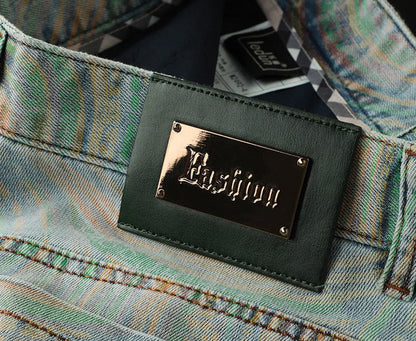 Unique design men's slim fit patterned jeans. Multi-color, comfortable, and modern casual wear.