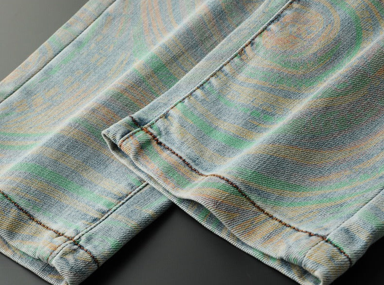 Bold patterned men's Nova slim fit jeans. Gray & blue multi-color denim for confident streetwear.