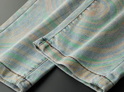 Bold patterned men's Nova slim fit jeans. Gray & blue multi-color denim for confident streetwear.