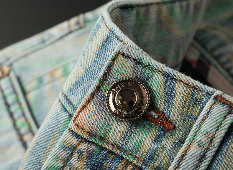 Modern style men's slim fit patterned jeans. Designer look, comfortable, multi-color gray & blue.