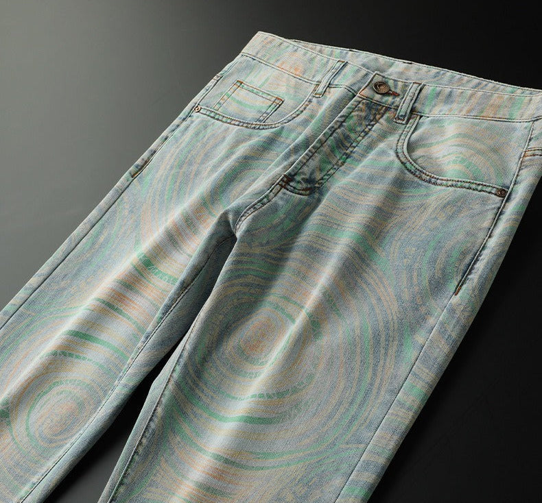 Expressive men's gray & blue patterned slim fit jeans. Modern Nova denim for confident casual wear.
