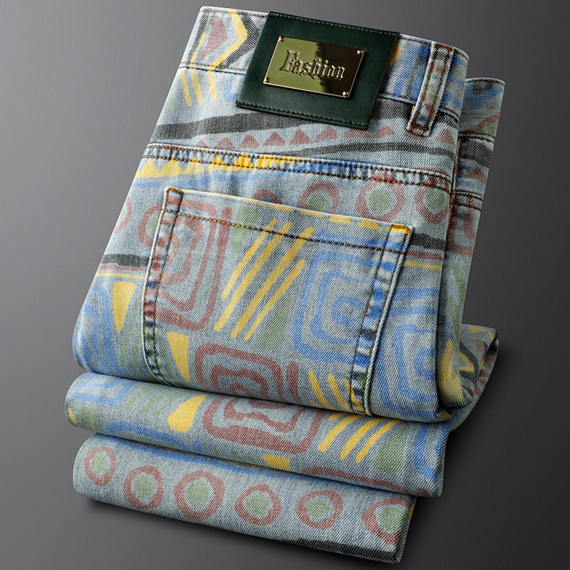 Expressive fashion: Men's Nova slim fit patterned jeans with bold multi-color design.