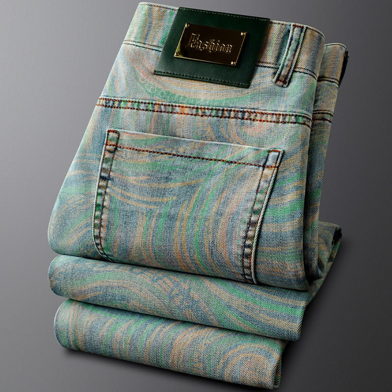 Unique gray & blue patterned slim fit jeans for men. Modern denim, perfect for casual wear.