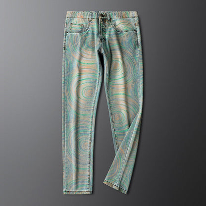 Bold patterned slim fit denim jeans for men. Gray & blue hues, comfortable and expressive fashion.