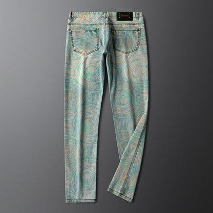 Men's Nova modern slim fit jeans with a distinctive multi-color pattern. Designer look denim.