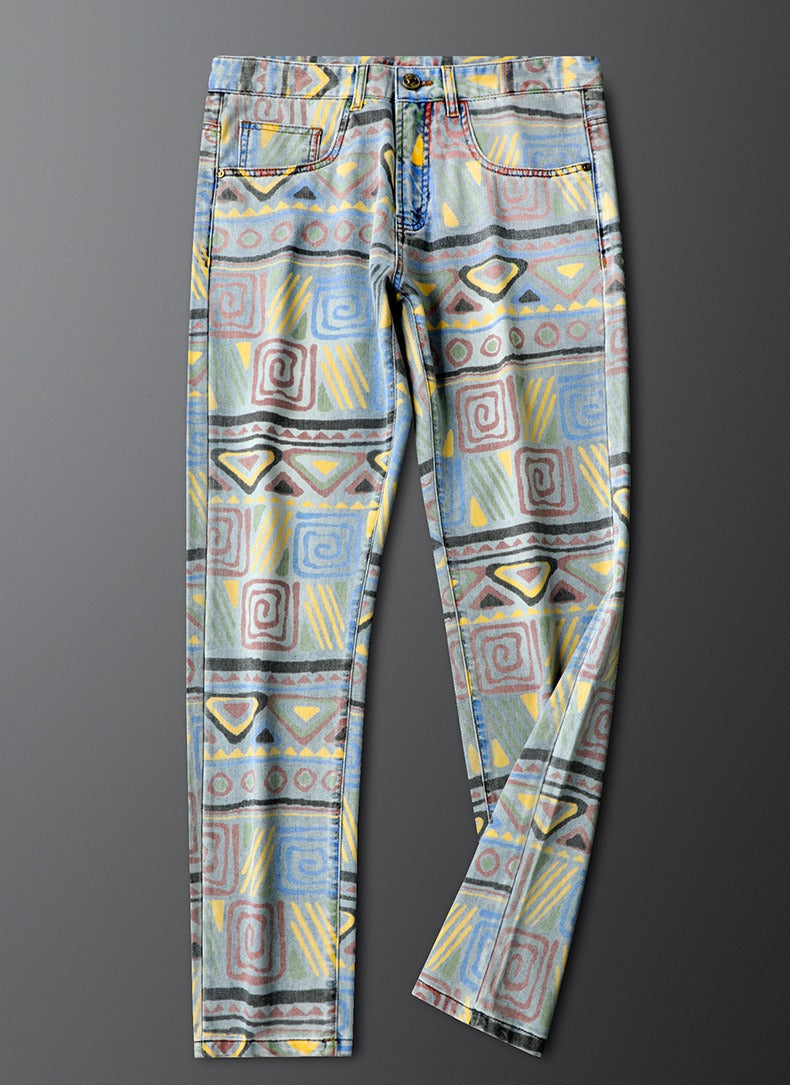 Comfortable gray & blue patterned slim fit jeans for men. Elevate your casual streetwear style.