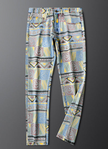 Comfortable gray & blue patterned slim fit jeans for men. Elevate your casual streetwear style.