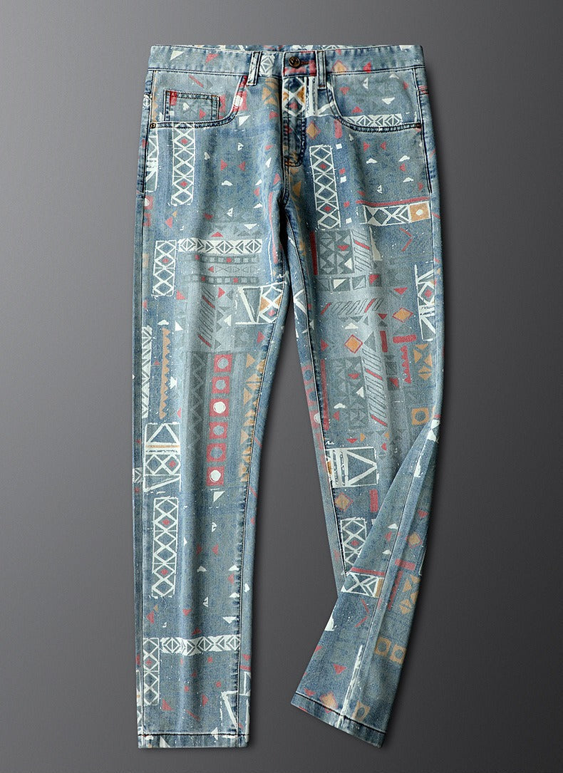 Men's Nova slim fit patterned jeans. Expressive fashion, unique multi-color denim for confident style.