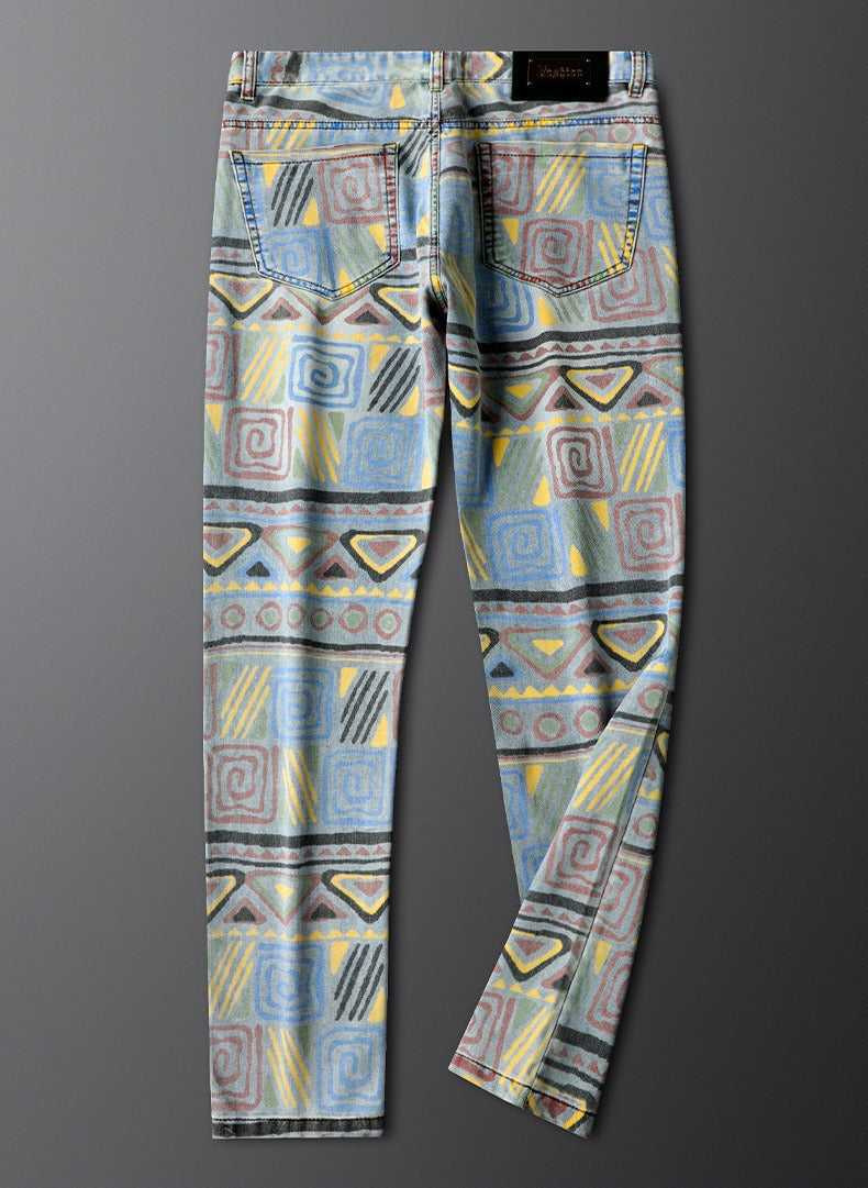 Stylish multi-color patterned slim fit jeans for men. Modern denim, perfect for a designer look.