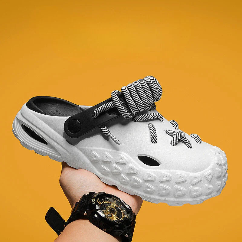 Water-friendly men's casual footwear: Odyssey Laced Clogs, easy to wear slides.