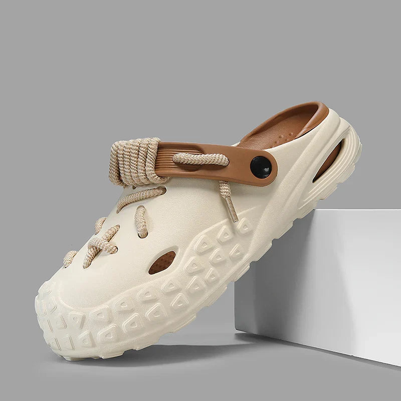 Breathable men's footwear, Odyssey Laced Clogs, with adjustable laces for fit.