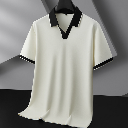 Men's off-white Odyssey knit polo shirt. Soft, stretch-knit fabric, collared, perfect for casual or office wear.