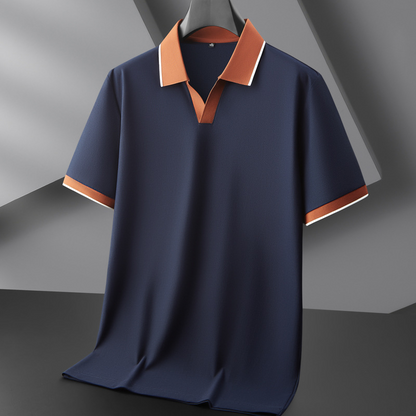 Sophisticated men's army green knit polo shirt. Soft stretch-knit fabric, collared, ideal for stylish casual or office wear.