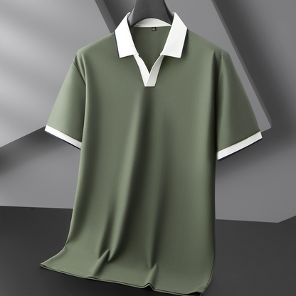 Men's off-white knit polo. Comfortable stretch-knit collared shirt for sophisticated everyday and office casual style.