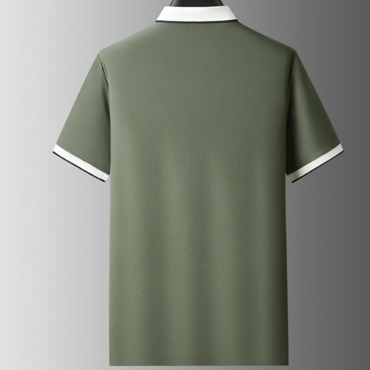 Dark blue men's knit polo shirt. Sophisticated stretch-knit collared top for comfortable casual and office wear.