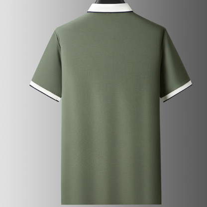 Dark blue men's knit polo shirt. Sophisticated stretch-knit collared top for comfortable casual and office wear.