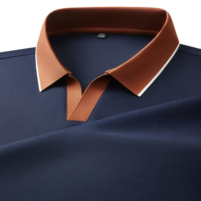 Army green stretch-knit polo shirt for men. Comfortable collared top, perfect for casual style or office wear.