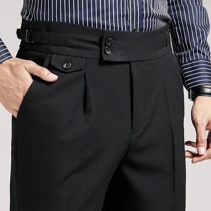 Khaki men's old money pleated trousers, smart casual tailored fit pants with adjustable waist.