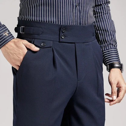 Gray men's pleated dress pants, tailored fit, classic old money style for formal & business wear.