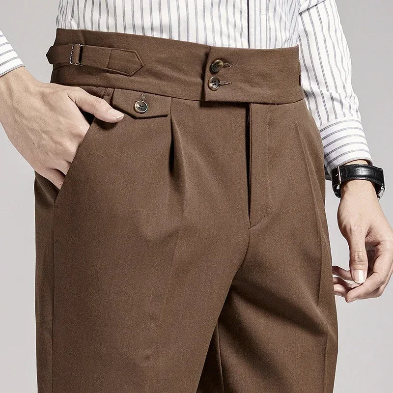 Men's old money pleated dress trousers with an adjustable waist for a comfortable, tailored fit.