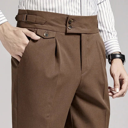 Men's old money pleated dress trousers with an adjustable waist for a comfortable, tailored fit.