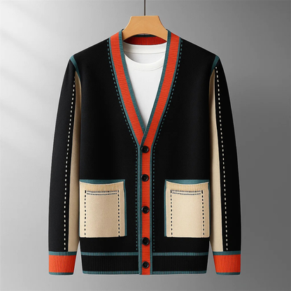 Men's open front cardigan with stylish contrast trim, a versatile layering piece for smart casual men's fashion.