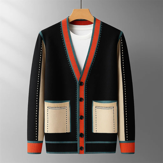 Men's open front cardigan with stylish contrast trim, a versatile layering piece for smart casual men's fashion.
