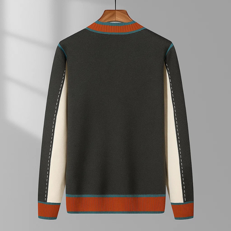 Classic men's open front cardigan, featuring modern contrast trim detail, ideal for layering and versatile style.