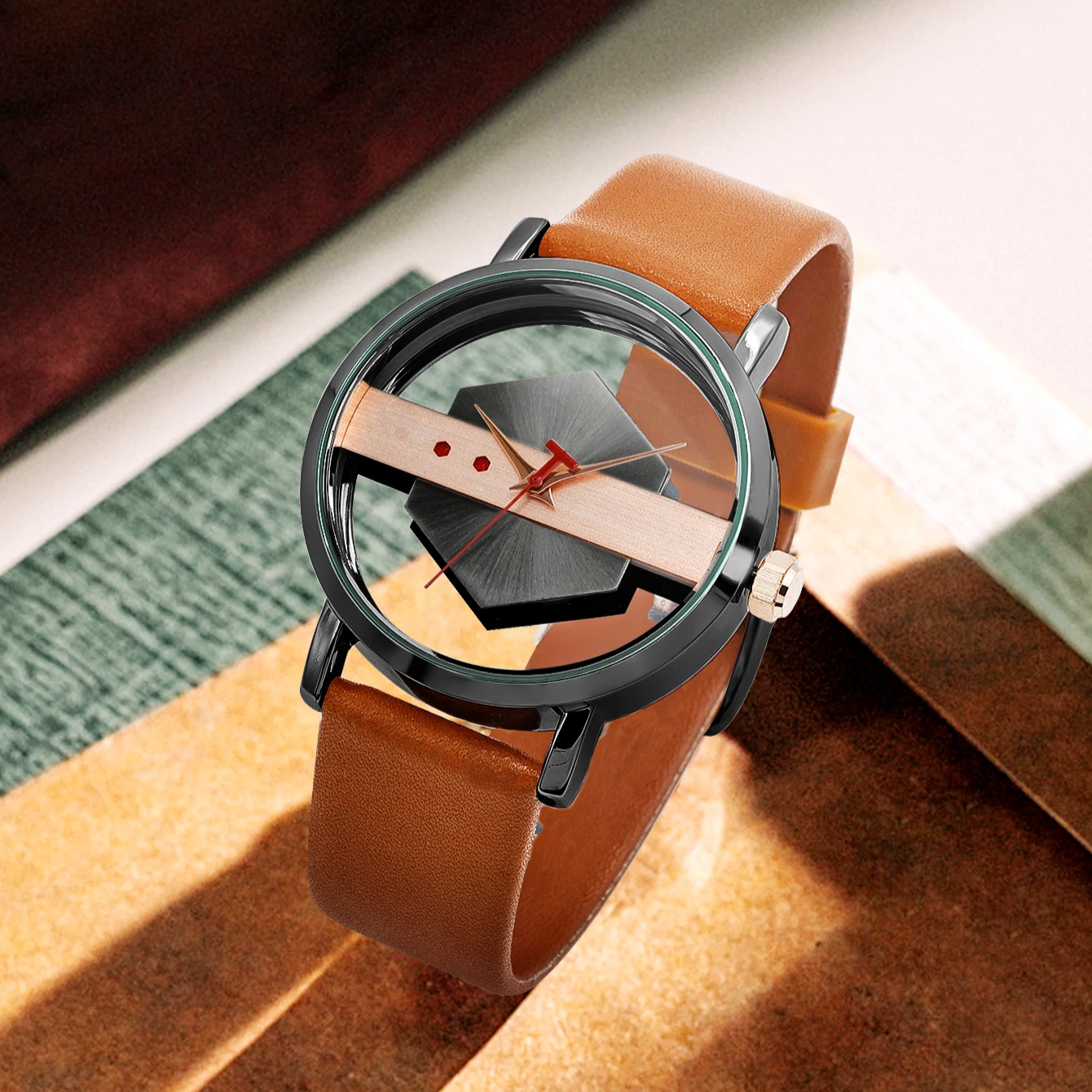 Detailed view of the open-core design showcasing the unique movement of the men's Orbit Dial Watch.