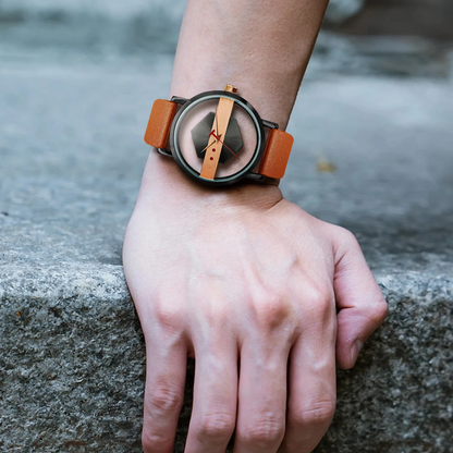 Dynamic angle shot of the men's Orbit Dial Watch, emphasizing its unique open dial and modern appeal.
