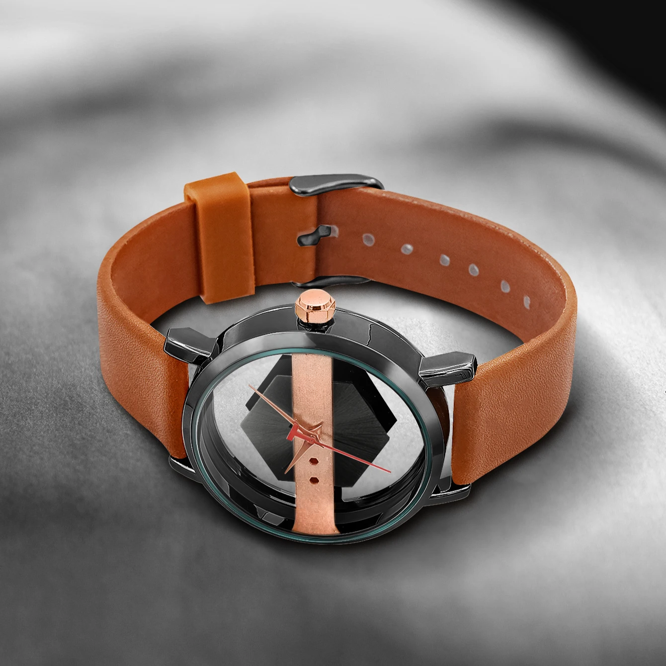 Close-up of the black silicone strap texture on the unique men's Orbit Dial Watch.