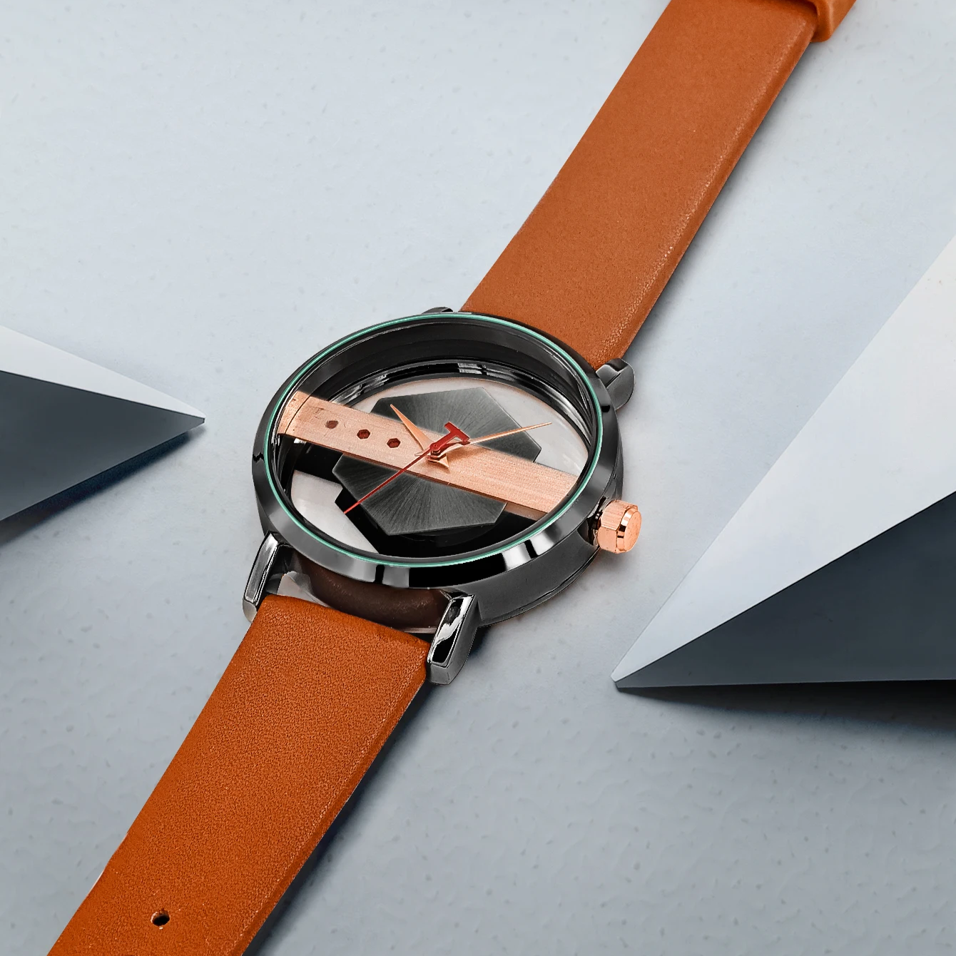 Detail of the secure clasp on the black silicone strap of the men's Orbit Dial Watch, modern accessory.