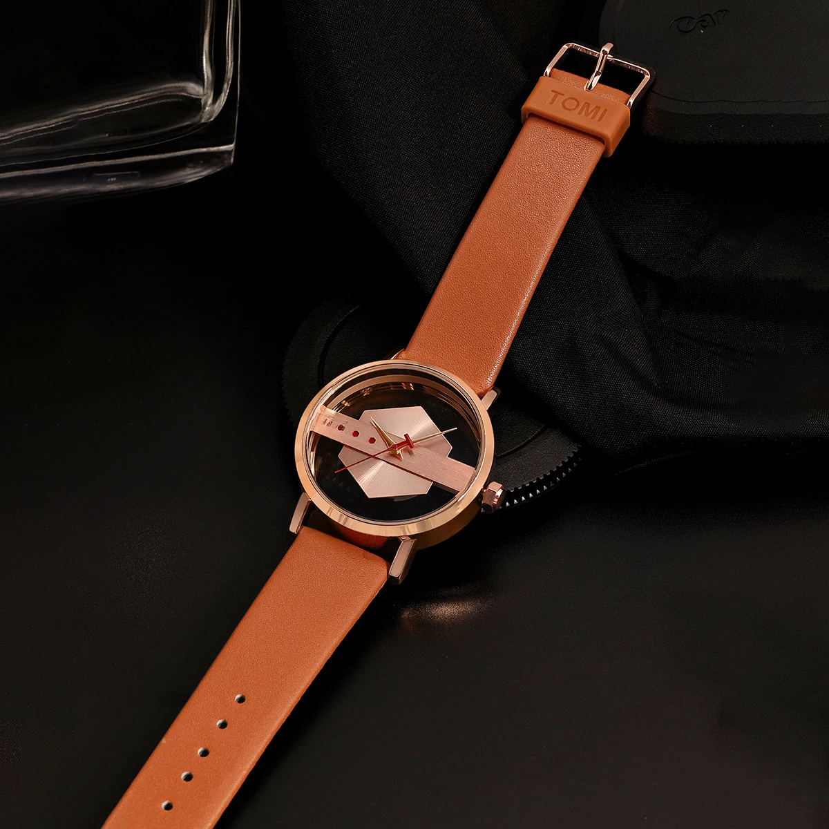 Full product shot of the men's Orbit Dial Watch, showcasing its unique open-core design & modern style.
