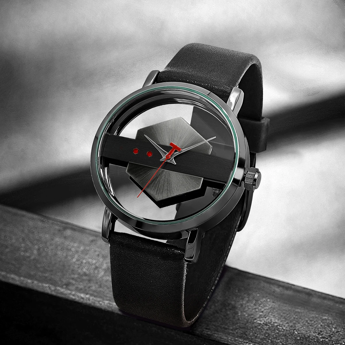 Top-down view of the sophisticated men's Orbit Dial Watch with its striking open-core design.