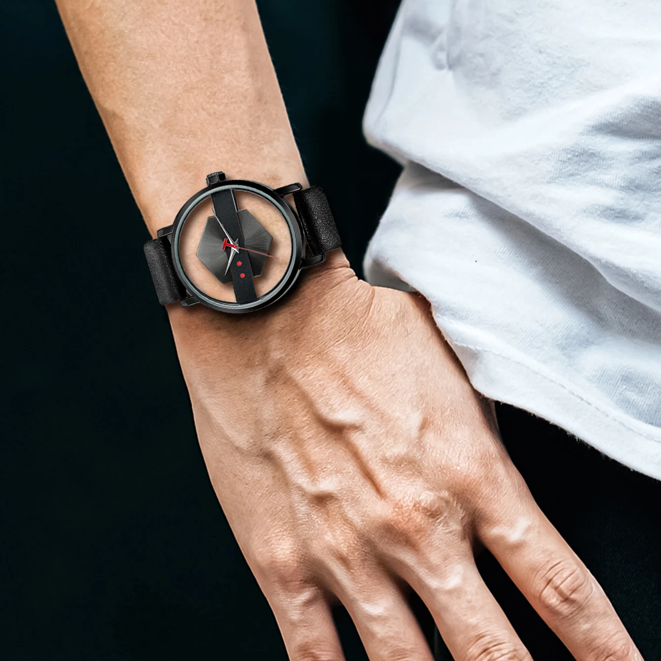 Unique men's Orbit Dial Watch, a modern timepiece with an eye-catching open-core design and silicone strap.