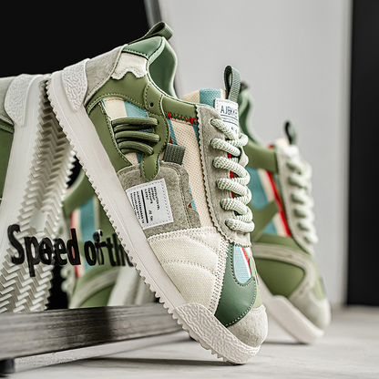 Unique Men's Orbital Y2K fashion sneakers, multi-tone retro athletic style.