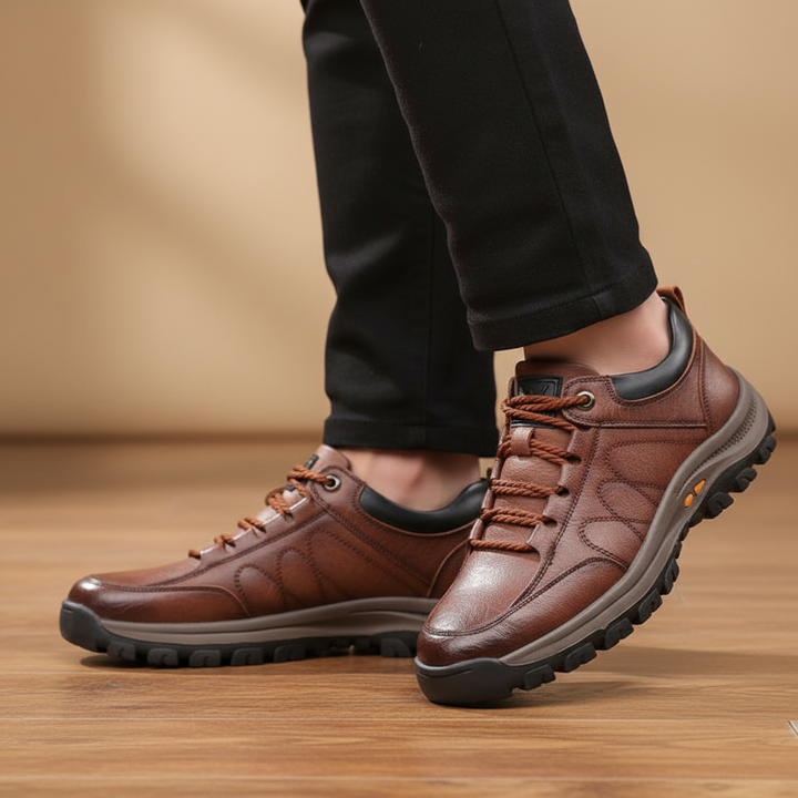 Men's orthopedic black leather lace-up dress shoes, offering all-day comfort & support for walking.
