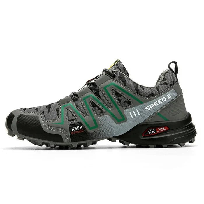 Comfortable men's walking shoes: camo print, orthopedic support, & a cushioned sole.