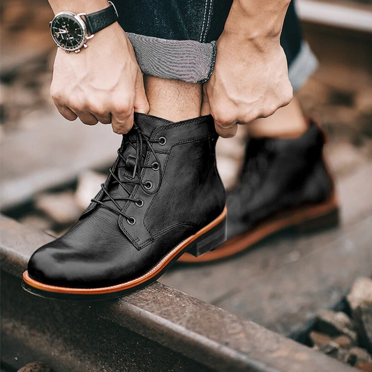 Men's orthopedic leather boots for all-day arch and ankle support, ideal for walking comfort.