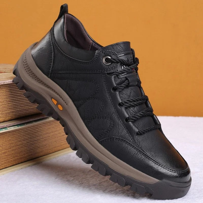 Casual men's orthopedic leather walking shoes; ideal for outdoor use, foot & back pain support.