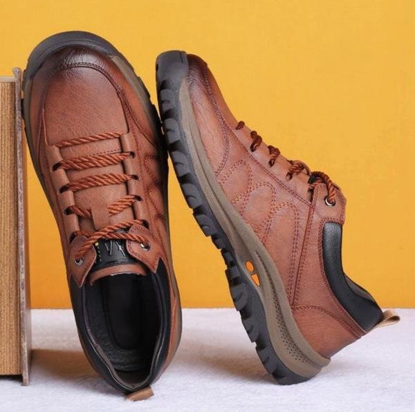 Men's comfort walking shoes, orthopedic design to alleviate foot and back pain, durable leather.