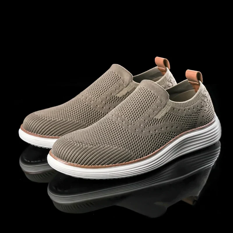Men's orthopedic slip-on knit walking sneakers. Comfortable with arch support, flexible design for active casual wear.