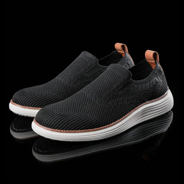 Casual men's slip-on knit walking shoes. Orthopedic arch support & flexible comfort for everyday active wear.